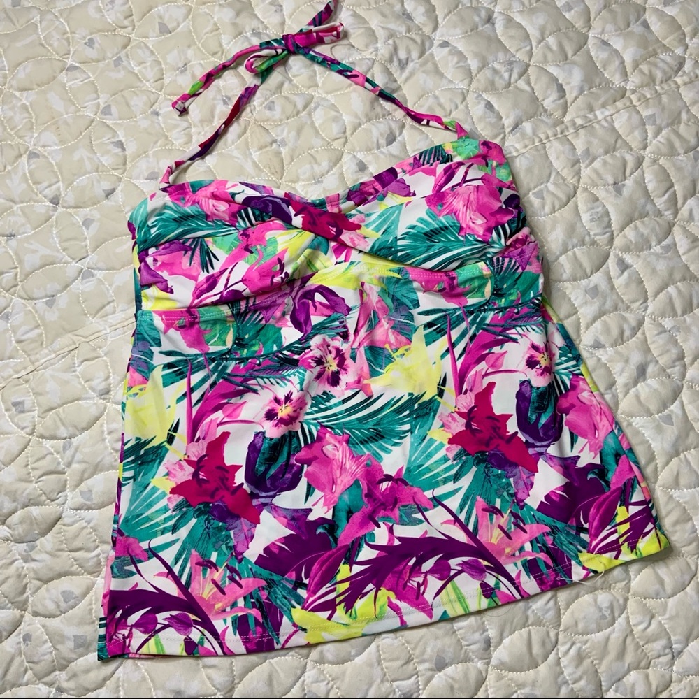 Catalina Tankini Full Coverage Tropical Palm Print Halter Swimsuit Top Small